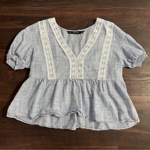 Zara Basic Women's Medium Peplum Blue Top with Lace Detail